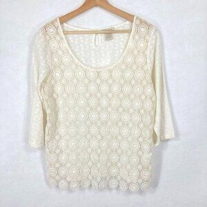 Lucky Brand Open Crochet Front With Mesh Back 3/4 Sleeve Oversize Blouse Ivory S